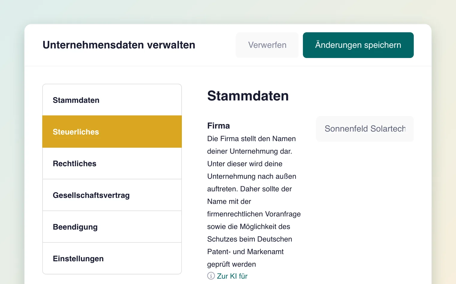 Unternehmensdaten mit Erläuterung zu jedem Feld, etwa Firma und Rechtsform